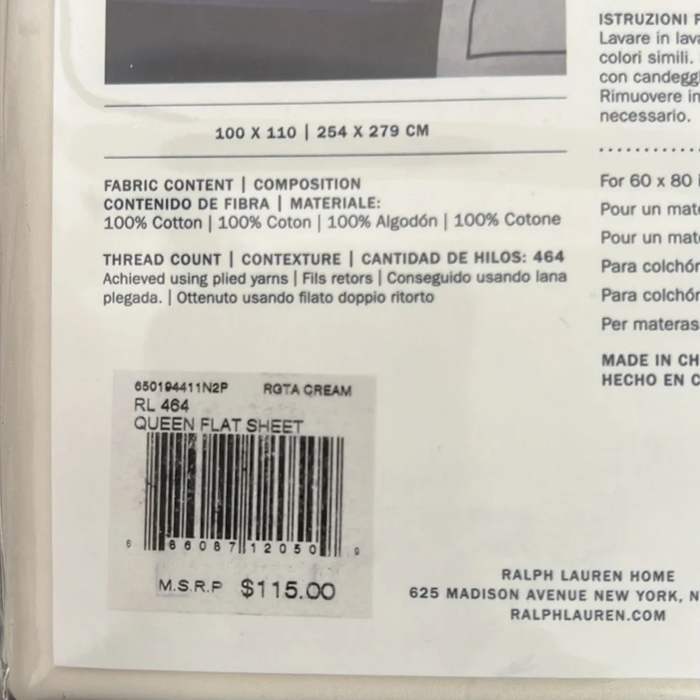 Ralph Lauren One Queen Flat Sheet RL-464 Solid Percale Cream 100% Cotton